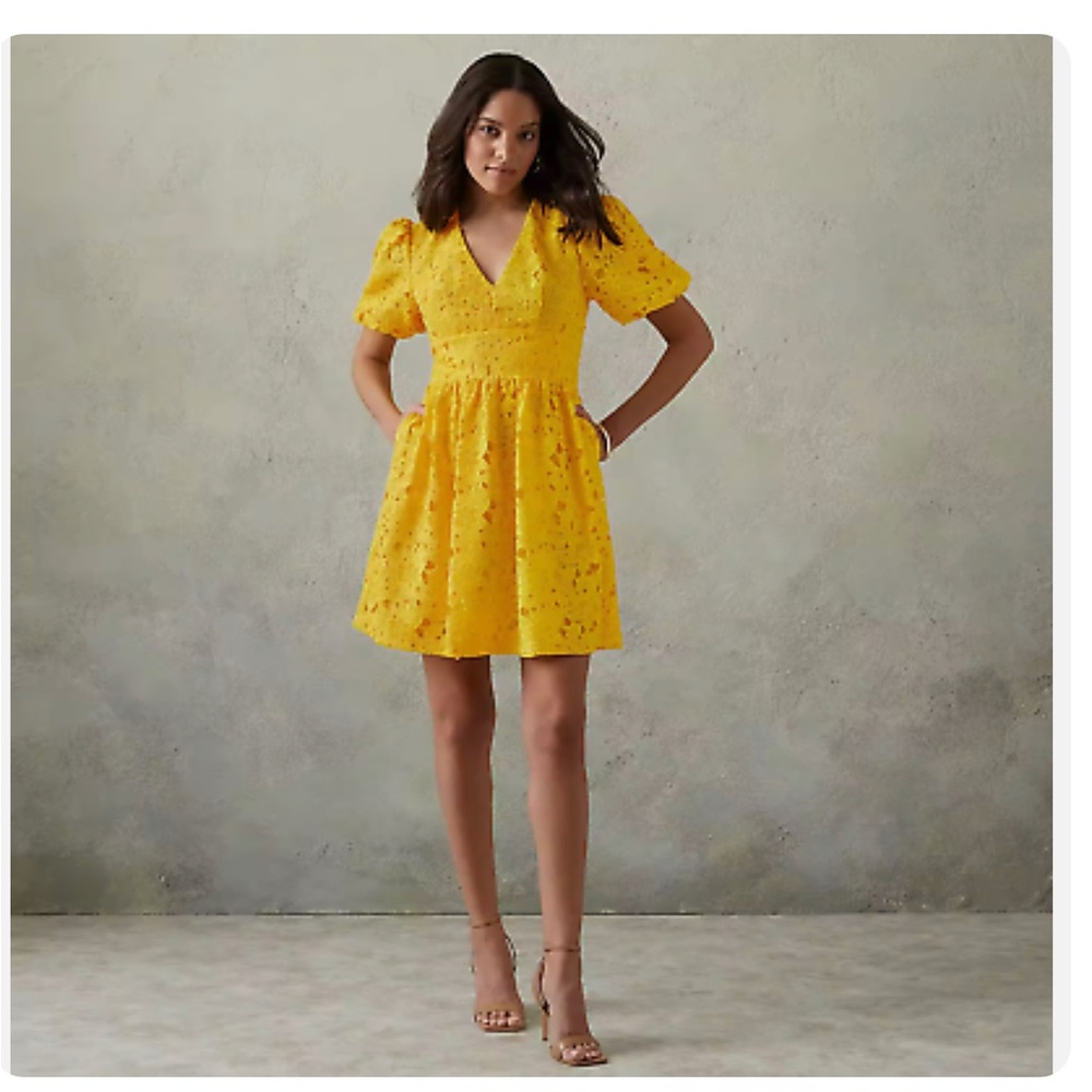 Prabal Gurung Yellow Appliqué Embroidery Puffed Sleeve V Neck Pocket Mini Dress.